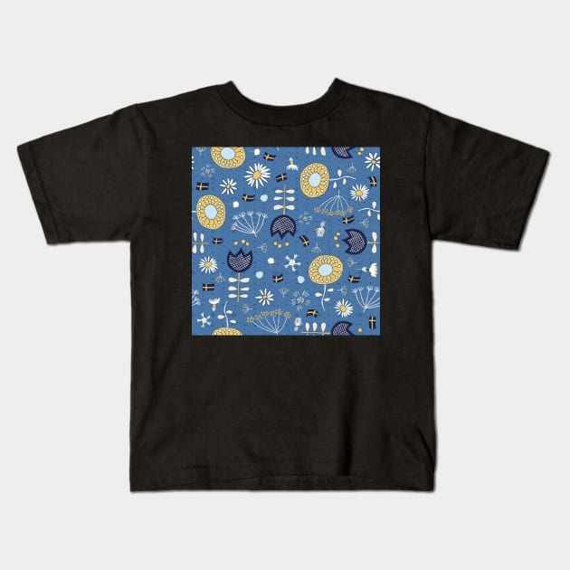  yellow and light blue flowers on blue background. For midsummer, pick 7 different wildflowers and place them under your pillow. The next night you dream of your husband. :-) Kids T-Shirt by colorofmagic